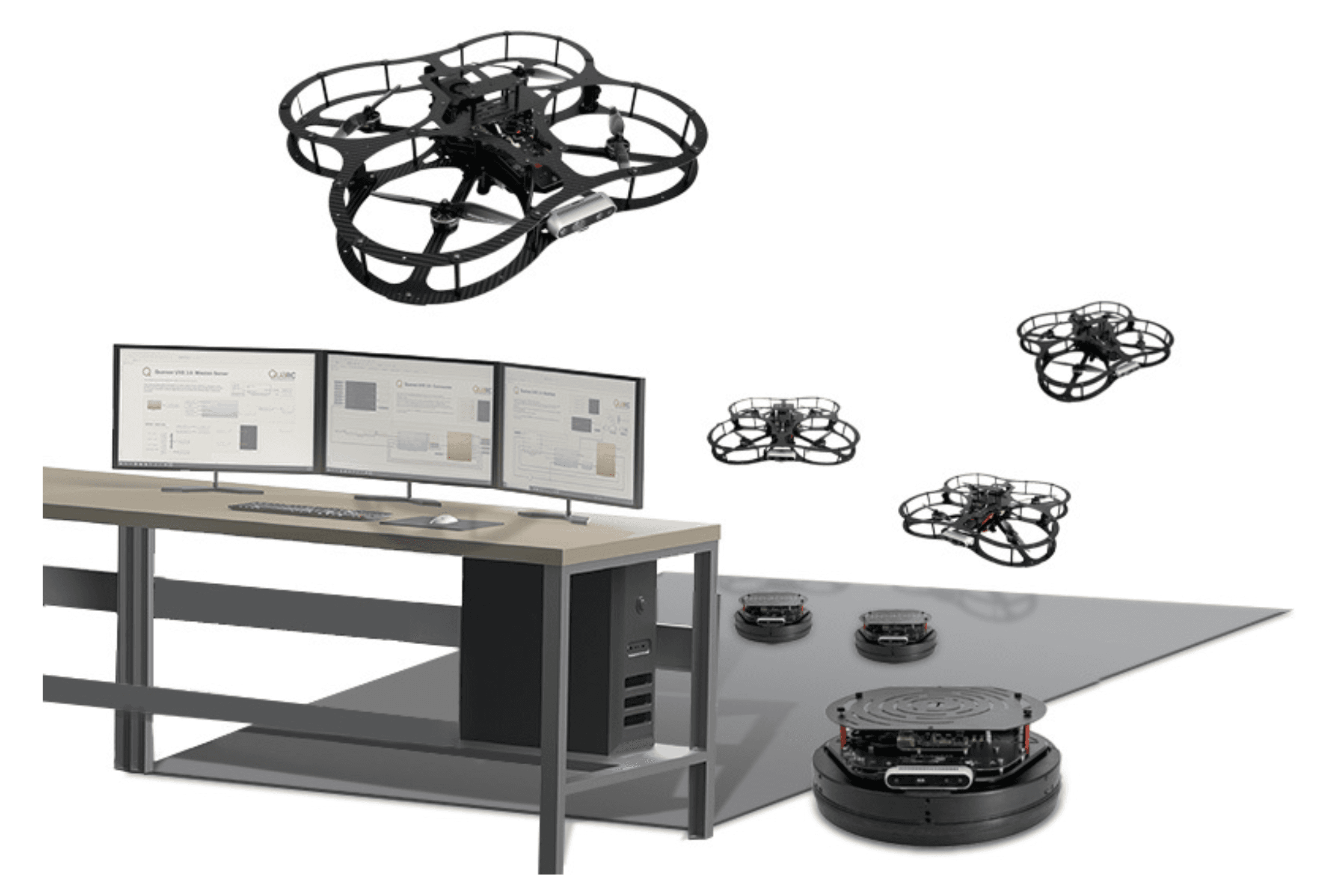 QAVRS experiment, QArm hardware, QArm digital twin, Aero2, and QDrone+QCar V2V
